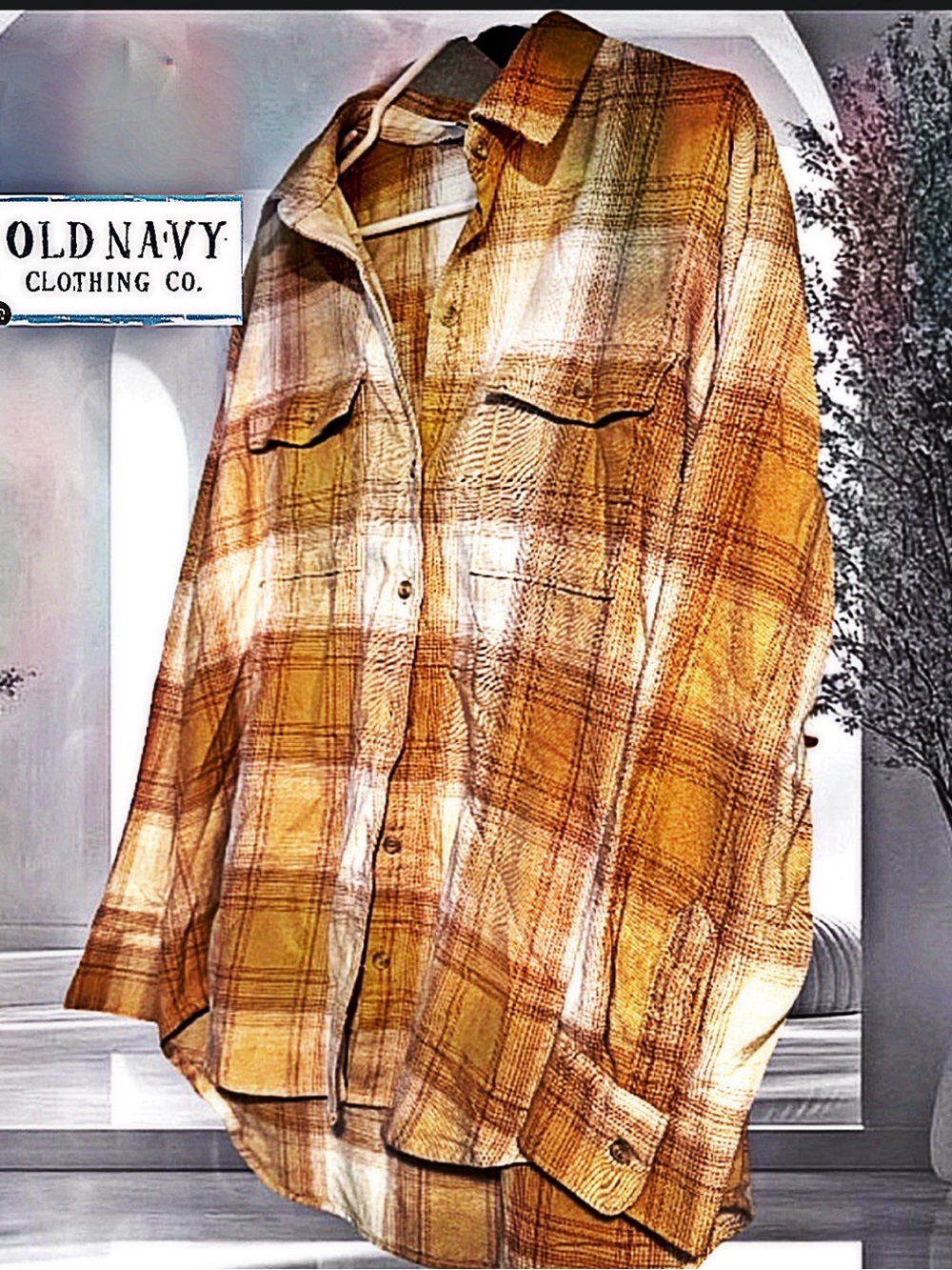 Old Navy “The Boyfriend Shirt,” an Orange & Cream Plaid Shirt